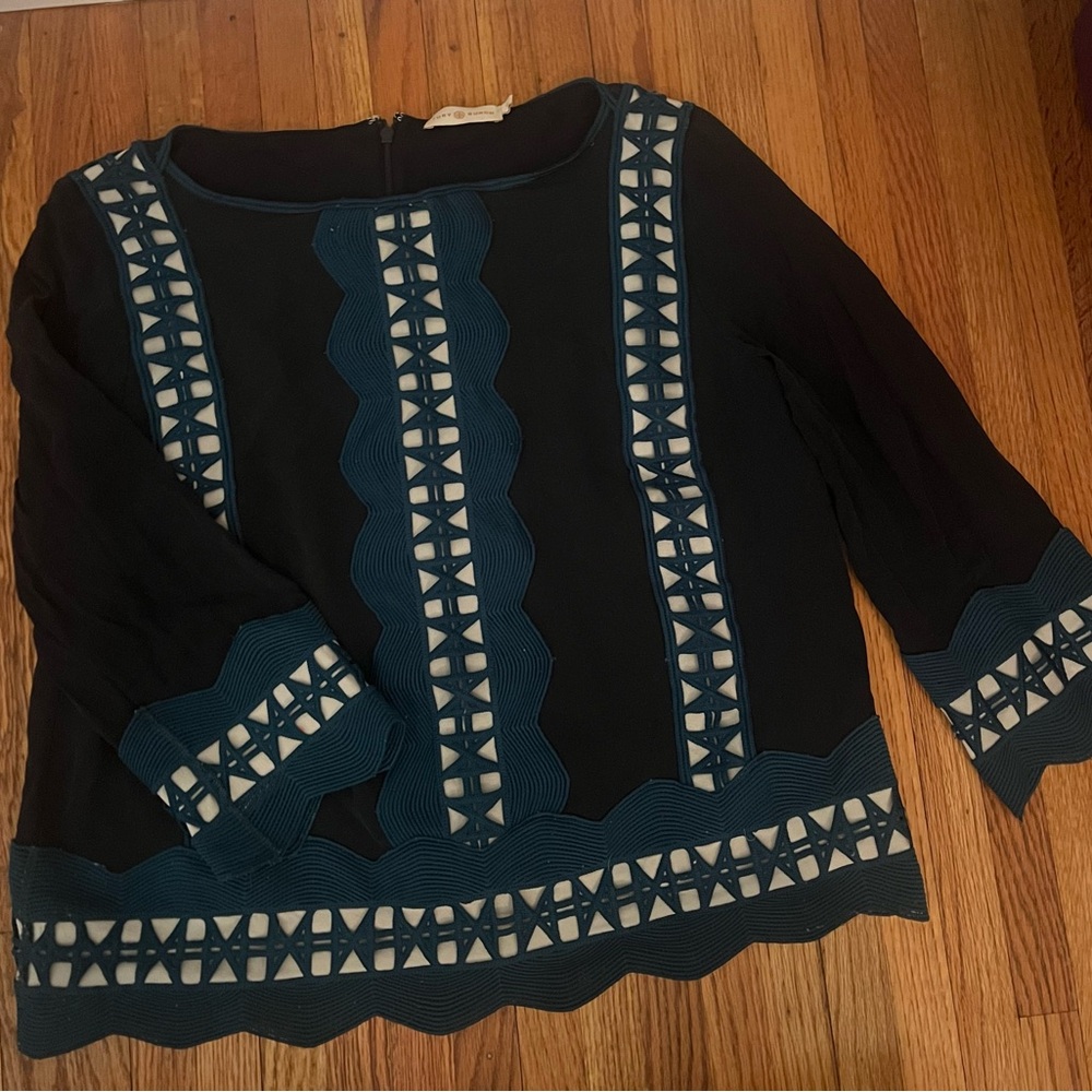 Tory Burch Black and Teal Blouse